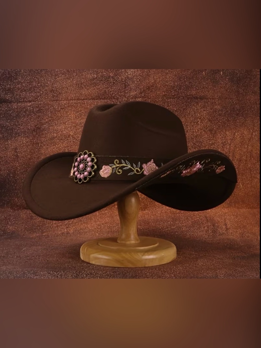 Western Embroidered Brown Felt Cowboy Hat with Pink Accents